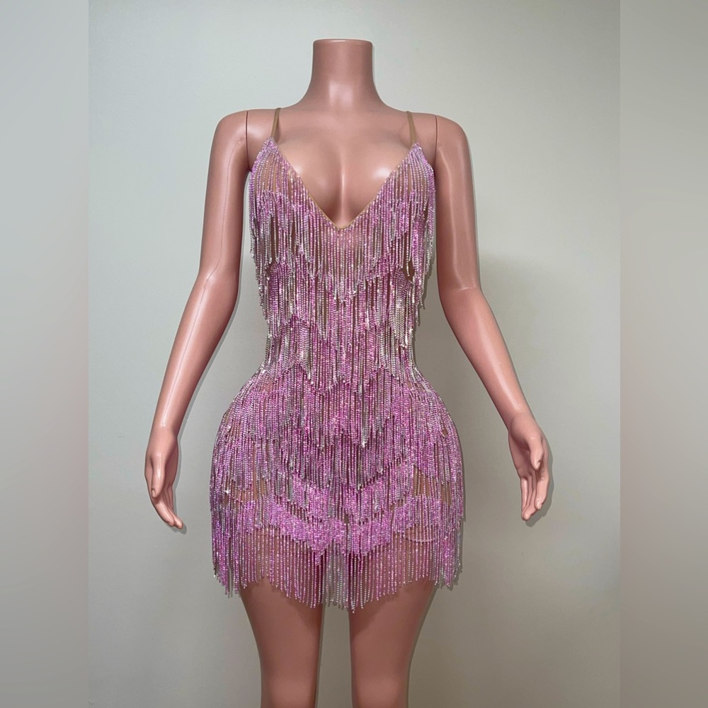 Diamond Pink Fringe Mini Dress